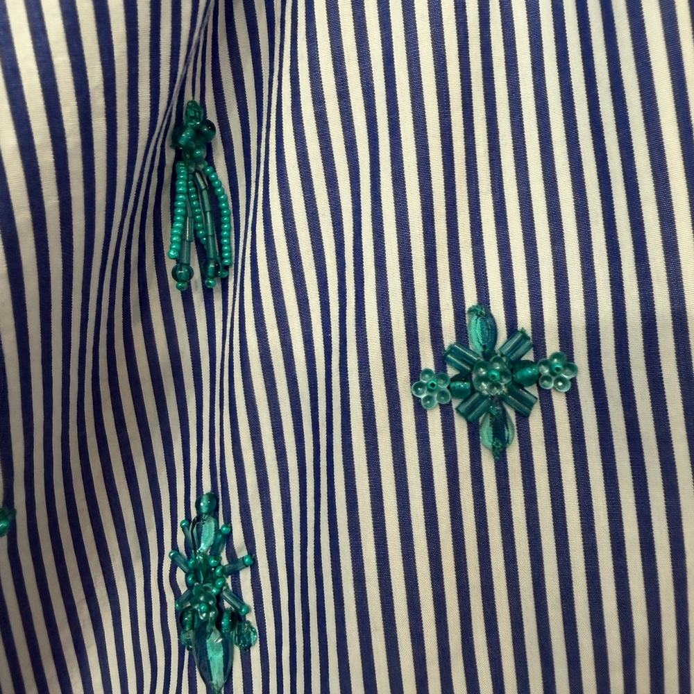 J. Crew Blue and White Striped Blouse with Green Beaded Embellishments - Picture 3 of 5